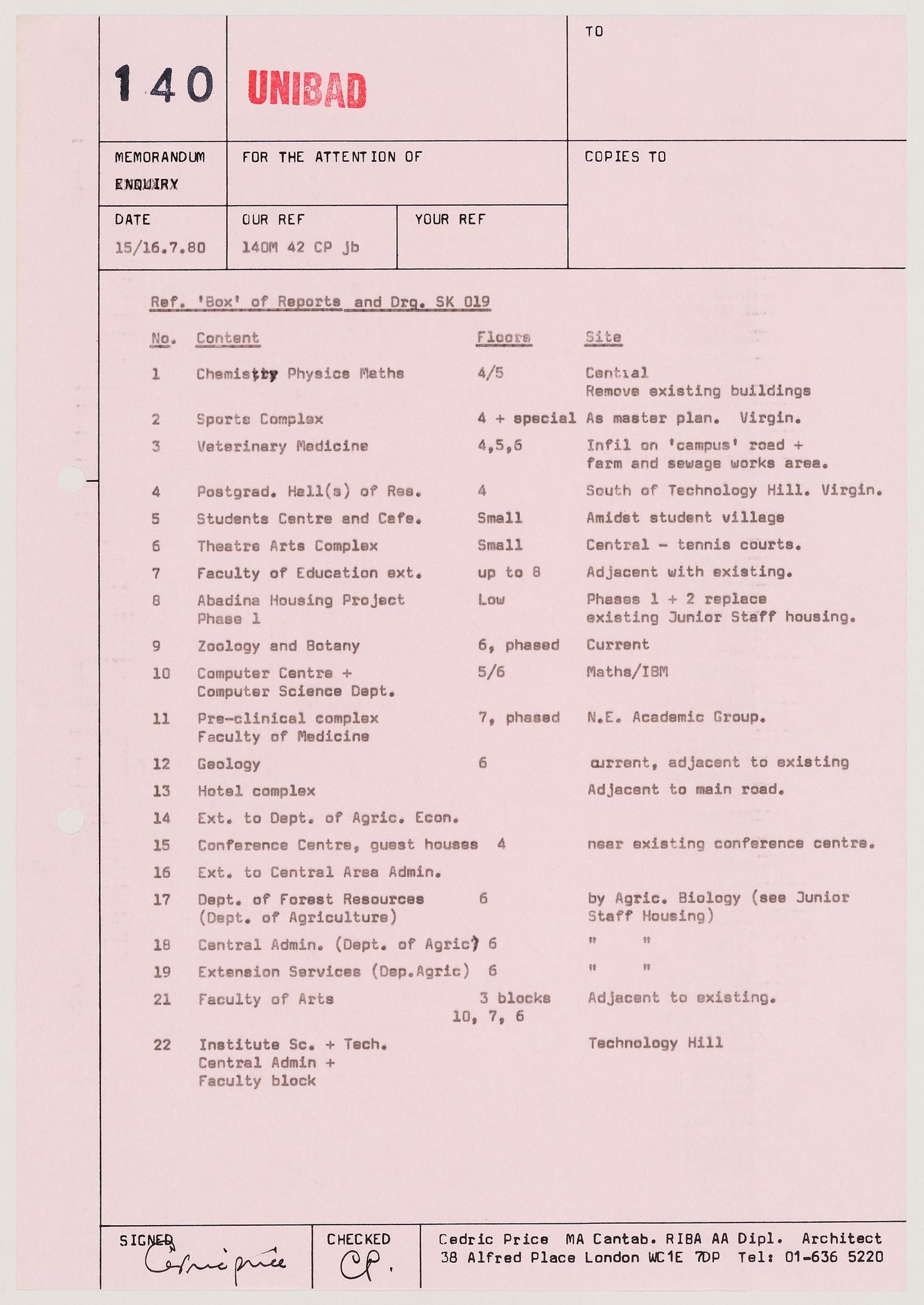 Unibad: memorandum referencing reports and site plan