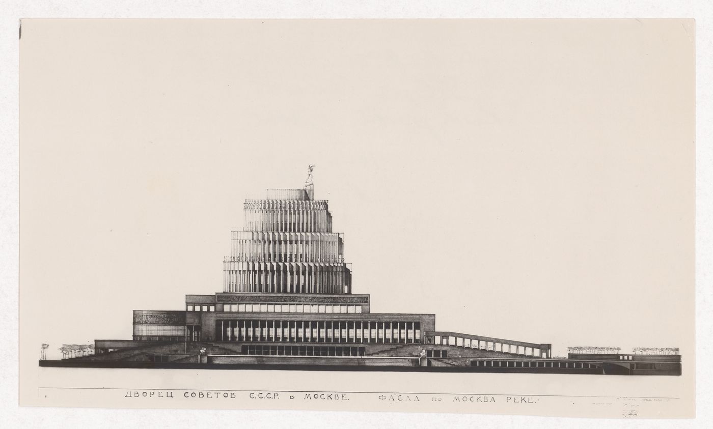 Photograph of an elevation for the fourth round of competition for a Palace of Soviets, Moscow