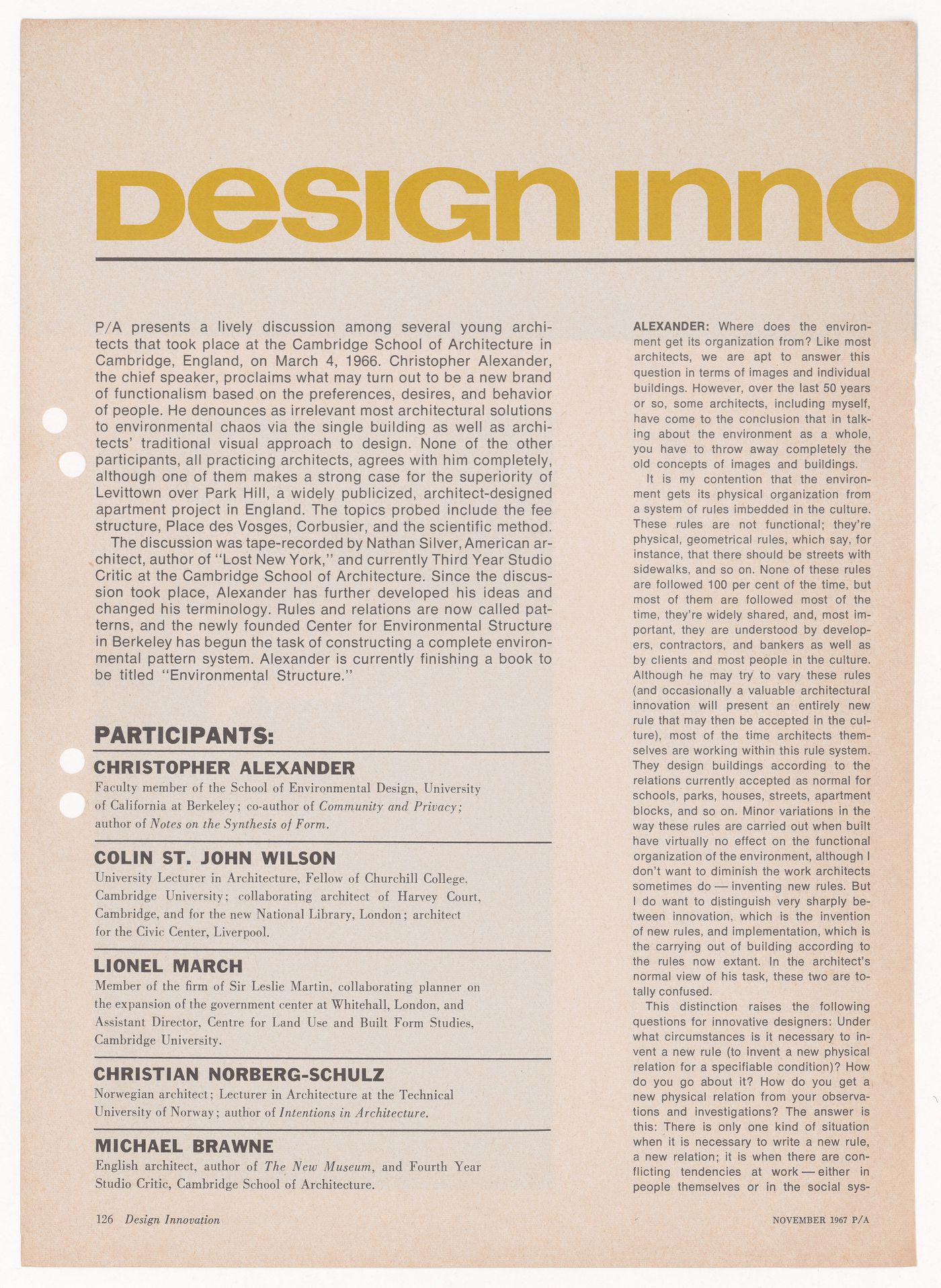 Article in Design Innovation: an exchange of ideas that features a transcript of a discussion among architects at the Cambridge School of Architecture on March 4, 1966