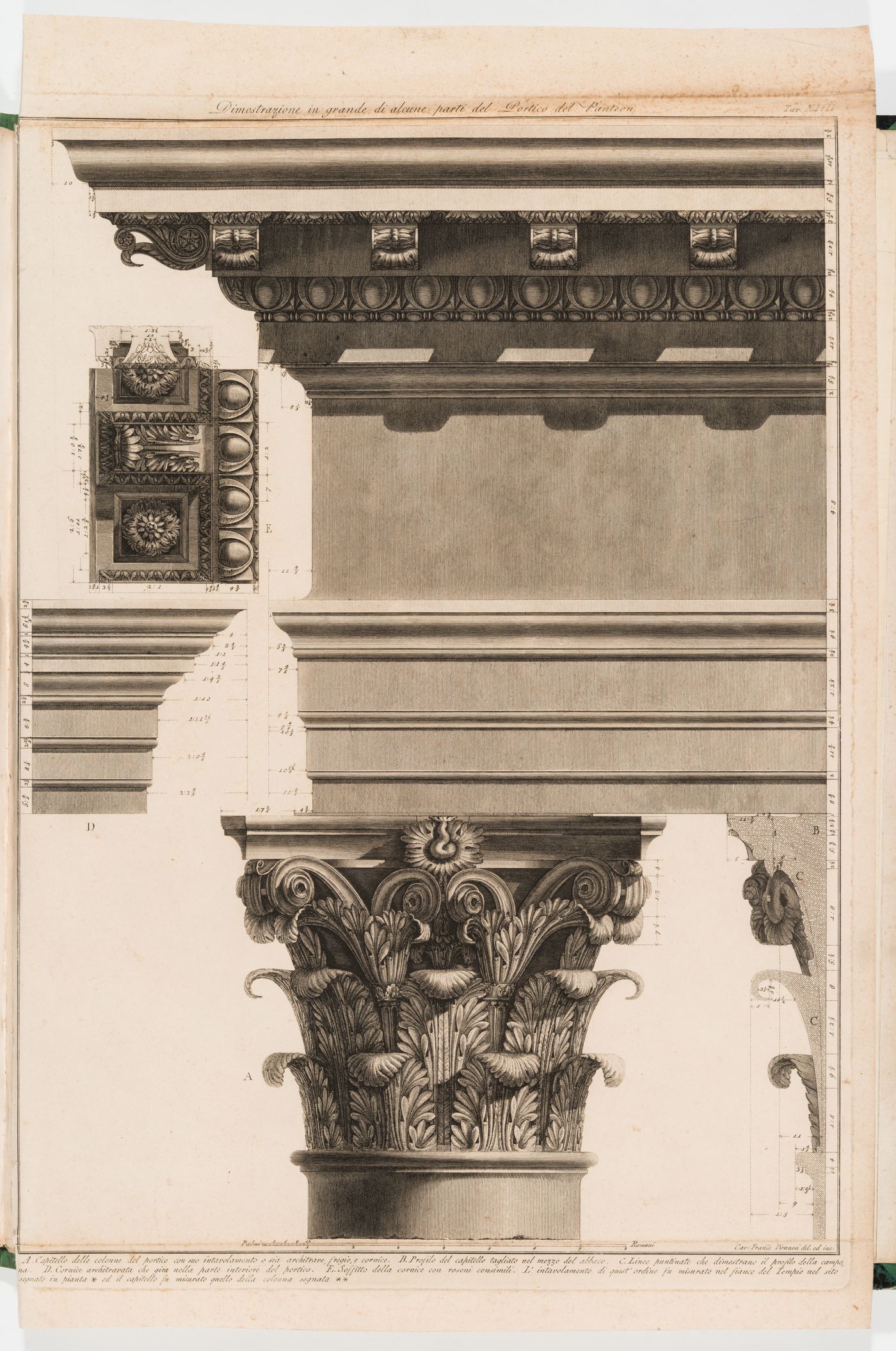 Elevation, profile, and sections of a Corinthian capital and entablature from the portico of the Pantheon, Rome