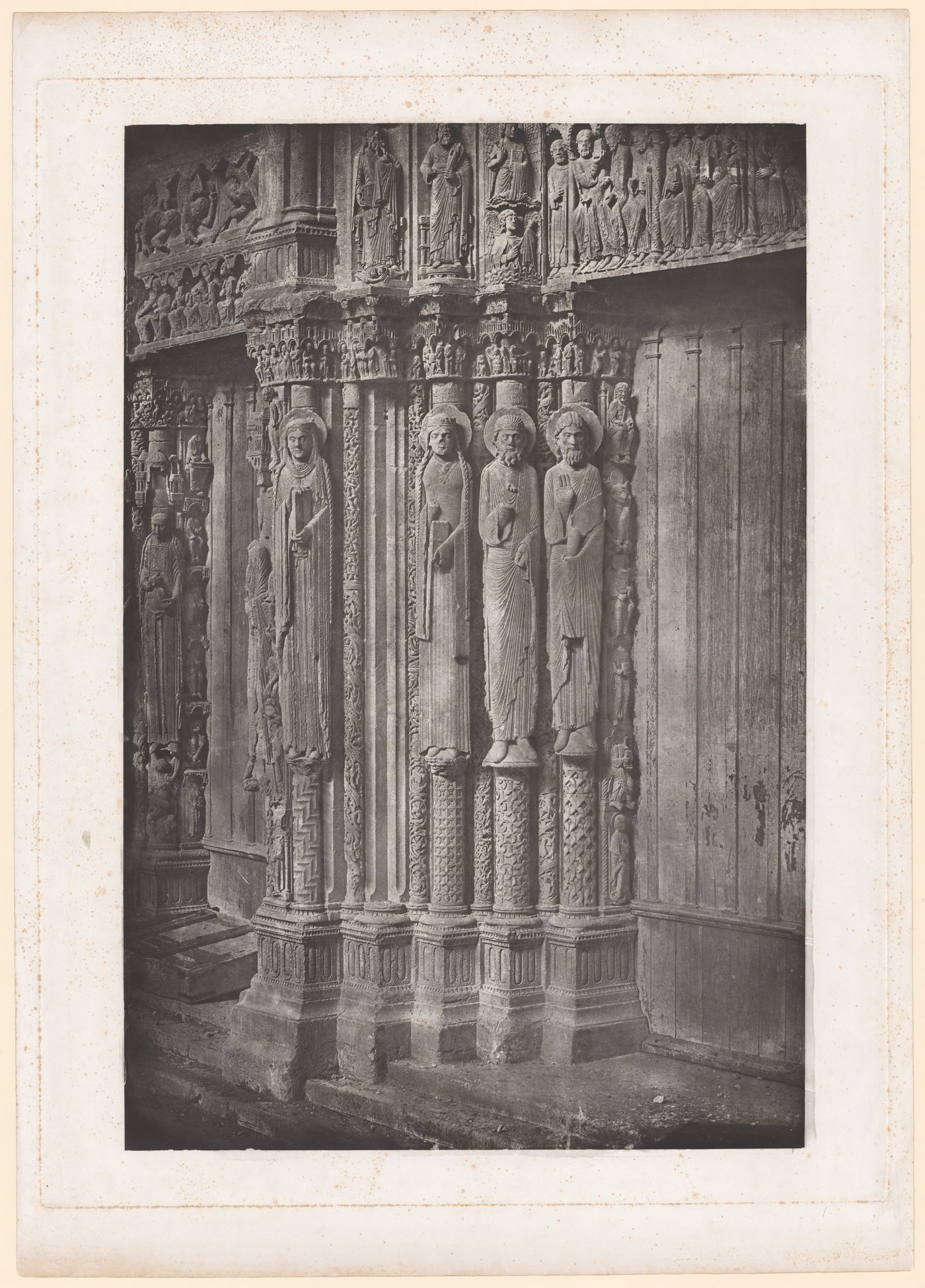Chartres Cathedral, view of sculptural figures and detail of door, Chartres, France