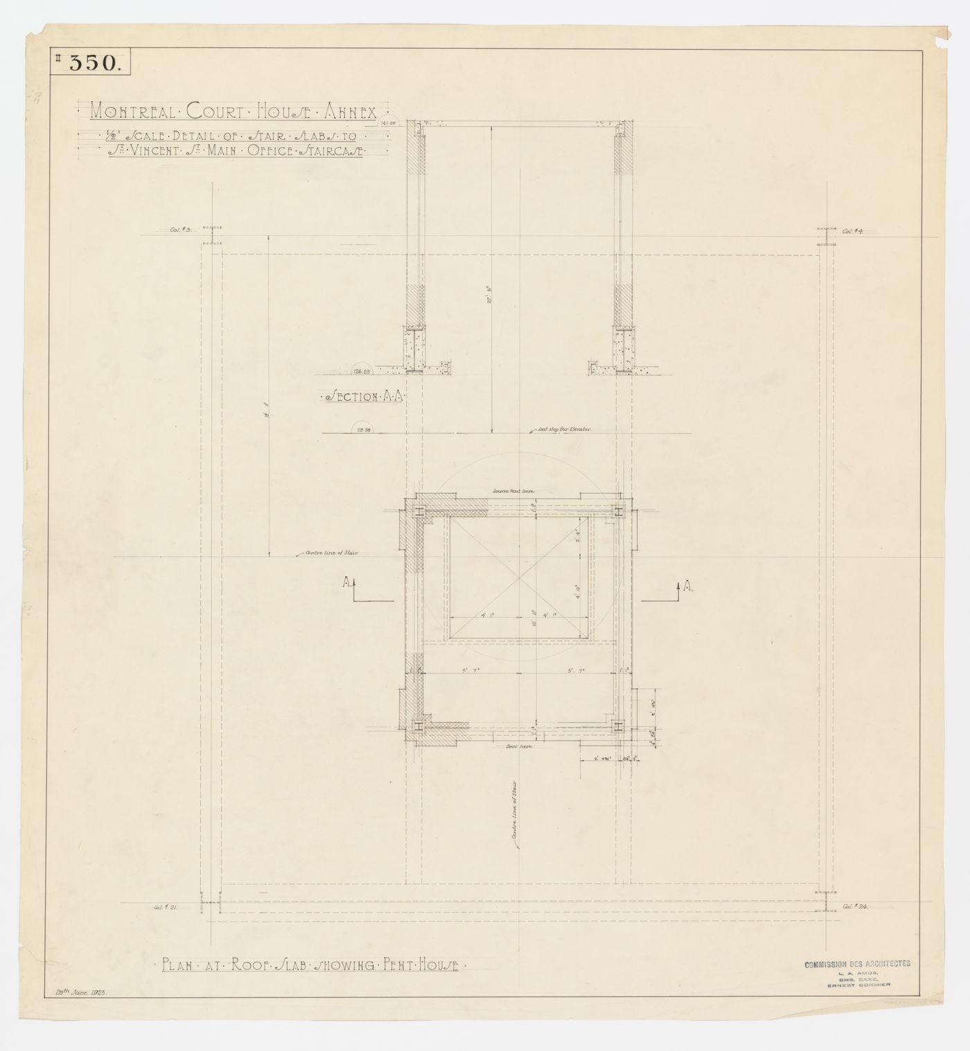 Détails structuraux des dalles de l'escalier du bureau principal, Annexe au Palais de Justice de Montréal, Montréal, Canada