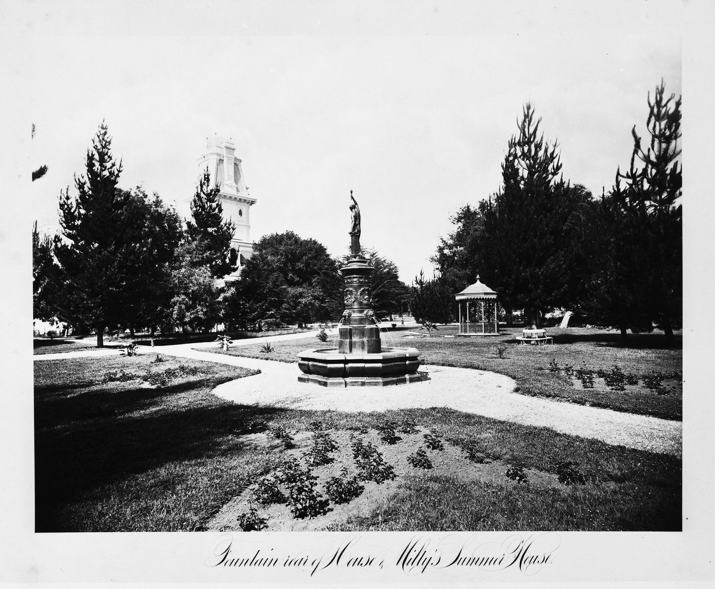View of the exterior, fountain and grounds, Thurlow Lodge, Menlo Park, California