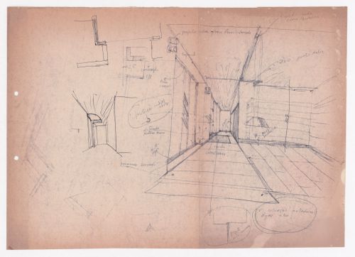Sketch perspective and details with annotations for Loja Marlã, Matosinhos, Portugal