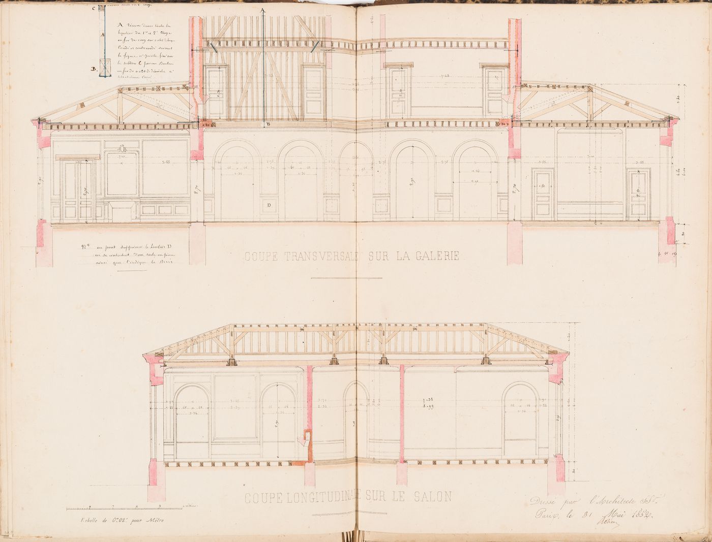 Cross section through the gallery and longitudinal section through the salon, both showing the wood framing for a country house for Madame de Lescure, Royan