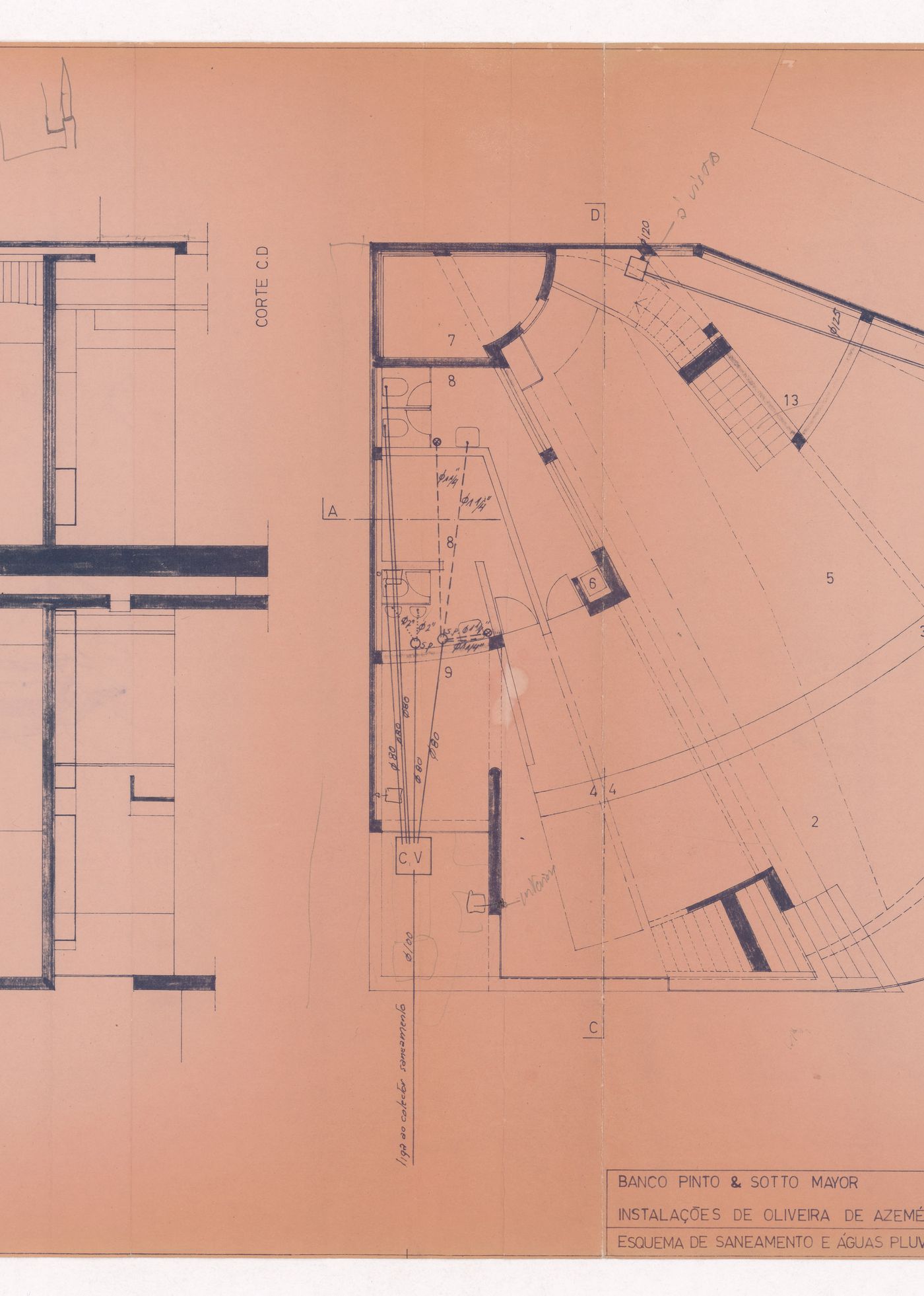 Sketch plan, perspective and axonometric view for Restaurante Pico do Areeiro, Madeira, Portugal
