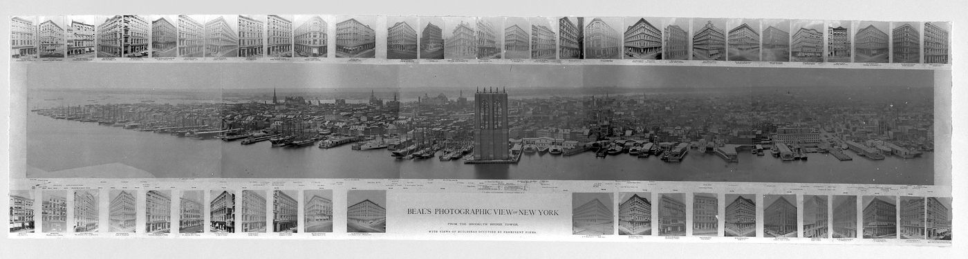 Panorama of lower Manhattan from Brooklyn: Side tower of unfinished Brooklyn Bridge, New York City, New York