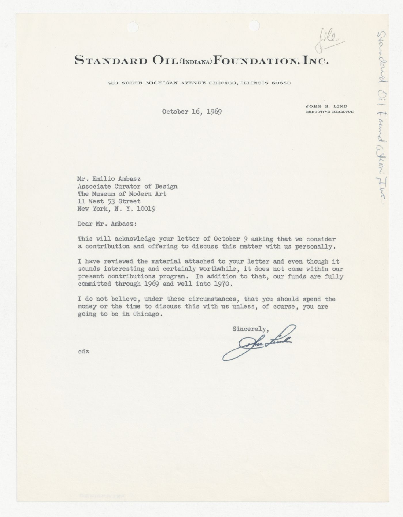 Letter from John H. Lind to Emilio Ambasz responding to proposal for Institutions for a Post-Technological Society conference