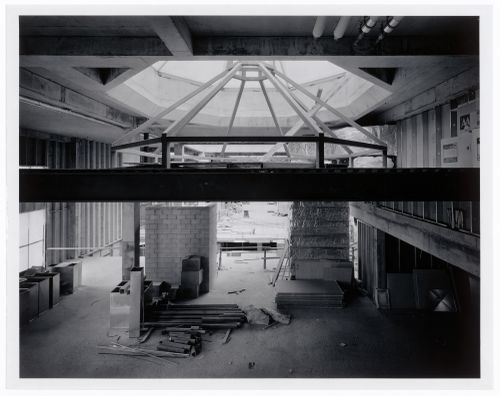 Interior view of the Octagonal Gallery showing the skylight and the space frame for the ceiling, Canadian Centre for Architecture under construction, Montréal, Québec
