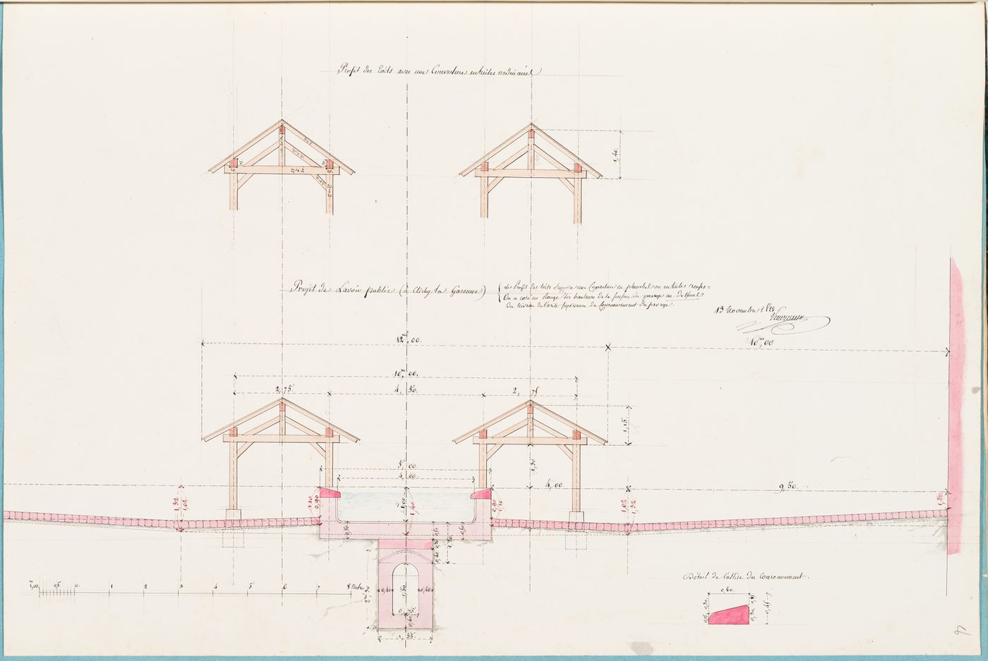 Sections and detail for the roofs for a washhouse, probably for Parc de Clichy
