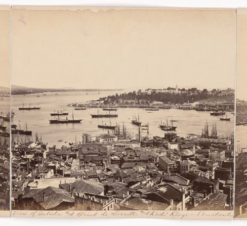 Partial view of Constantinople showing the Haliç (also known as the Golden Horn), the Sea of Marmara and Topkapi Palace with Galata in the foreground, from the Galata Tower, Ottoman Empire (now in Turkey)