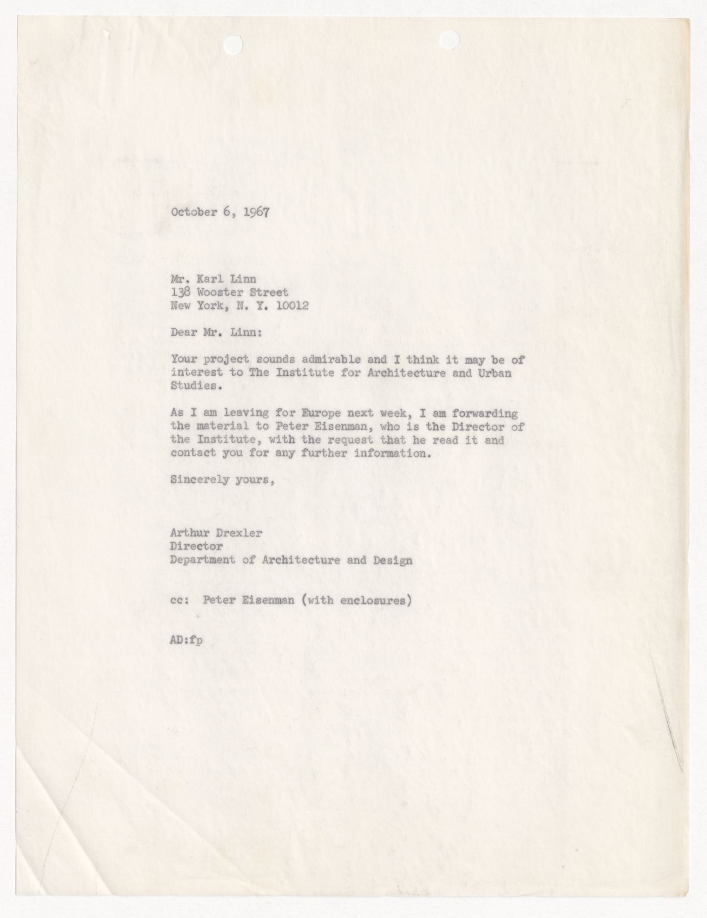 Letter from Arthur Drexler to Karl Linn about IAUS support for Linn's project
