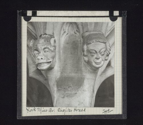 View of sculpture of head and grotesque sculpture in Chapter House of York Minster, York, North Yorkshire, England