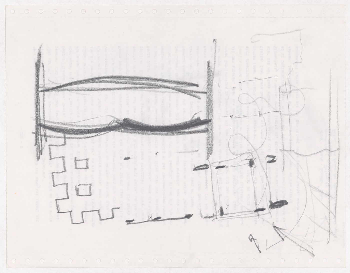 Sketch for the lattice roof, sketch elevations for columns E and D, a sketch plan for the pavilion and doodles for the E,D,E,N, Pavilion, Rheinfelden, Switzerland