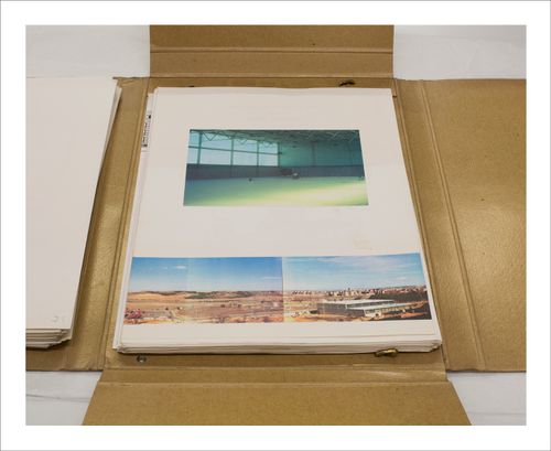 Proofs of Relevance: View of a photographic layout for a portfolio showing interior and site views of  the Parquesol Sports Hall, Abalos & Herreros (1988-1991), Valladolid, Spain