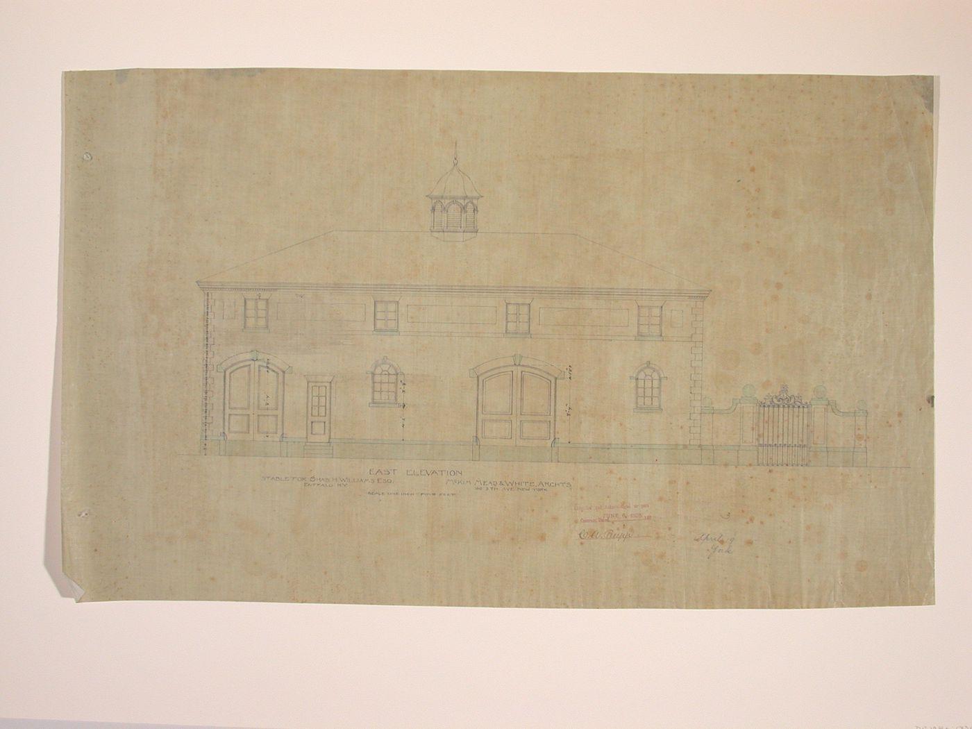 Contract drawing of the longitudinal section of the stable for Charles H. Williams at 690 Delaware Avenue, Buffalo, New York