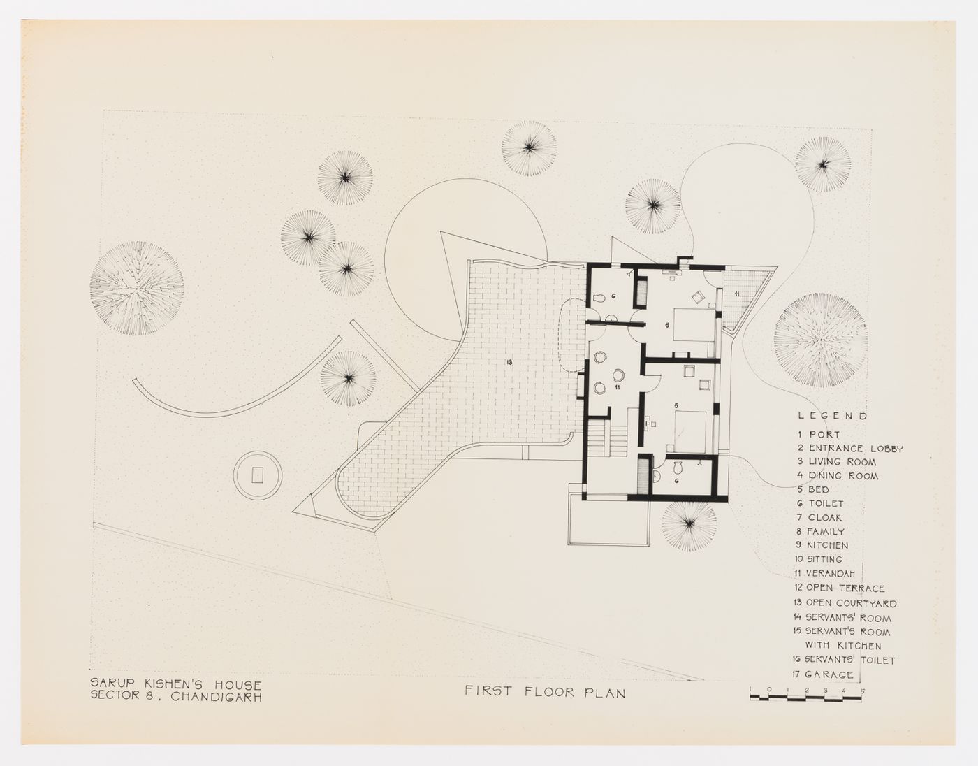 Plan du premier étage pour la Maison de Sakur Kishen, Secteur 8, à Chandigarh, Inde