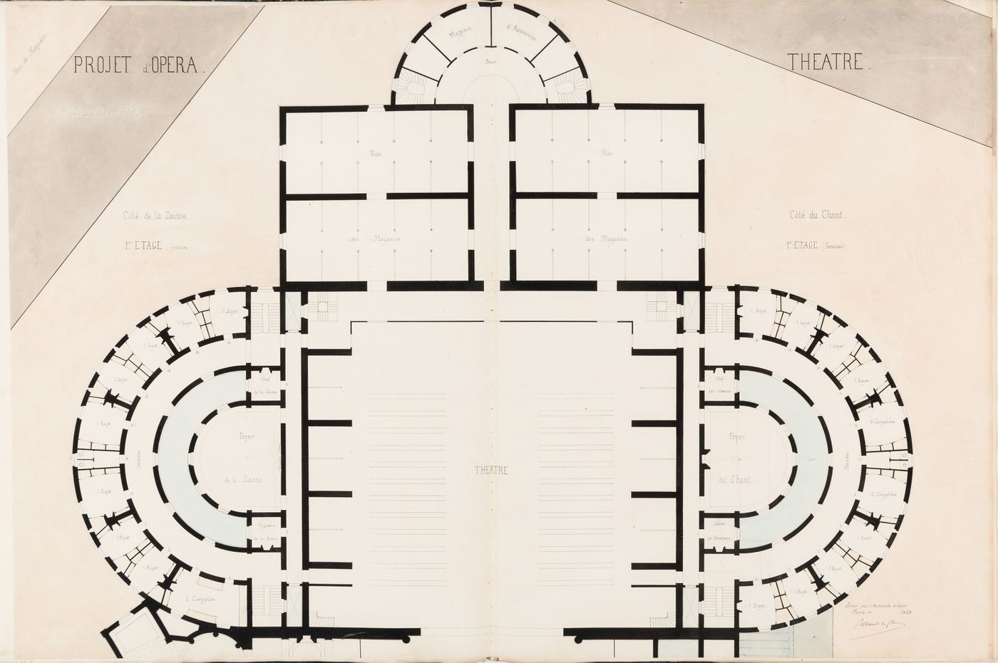 Project for an opera house for the Théâtre impérial de l'opéra: First floor plan showing the "cote de la danse" and the "cote du chant"