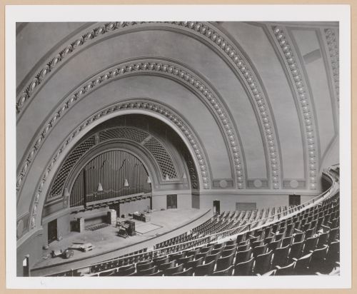 Interior view of Hill Auditorium showing the stage under construction, 825 North University Avenue, University of Michigan, Ann Arbor, Michigan