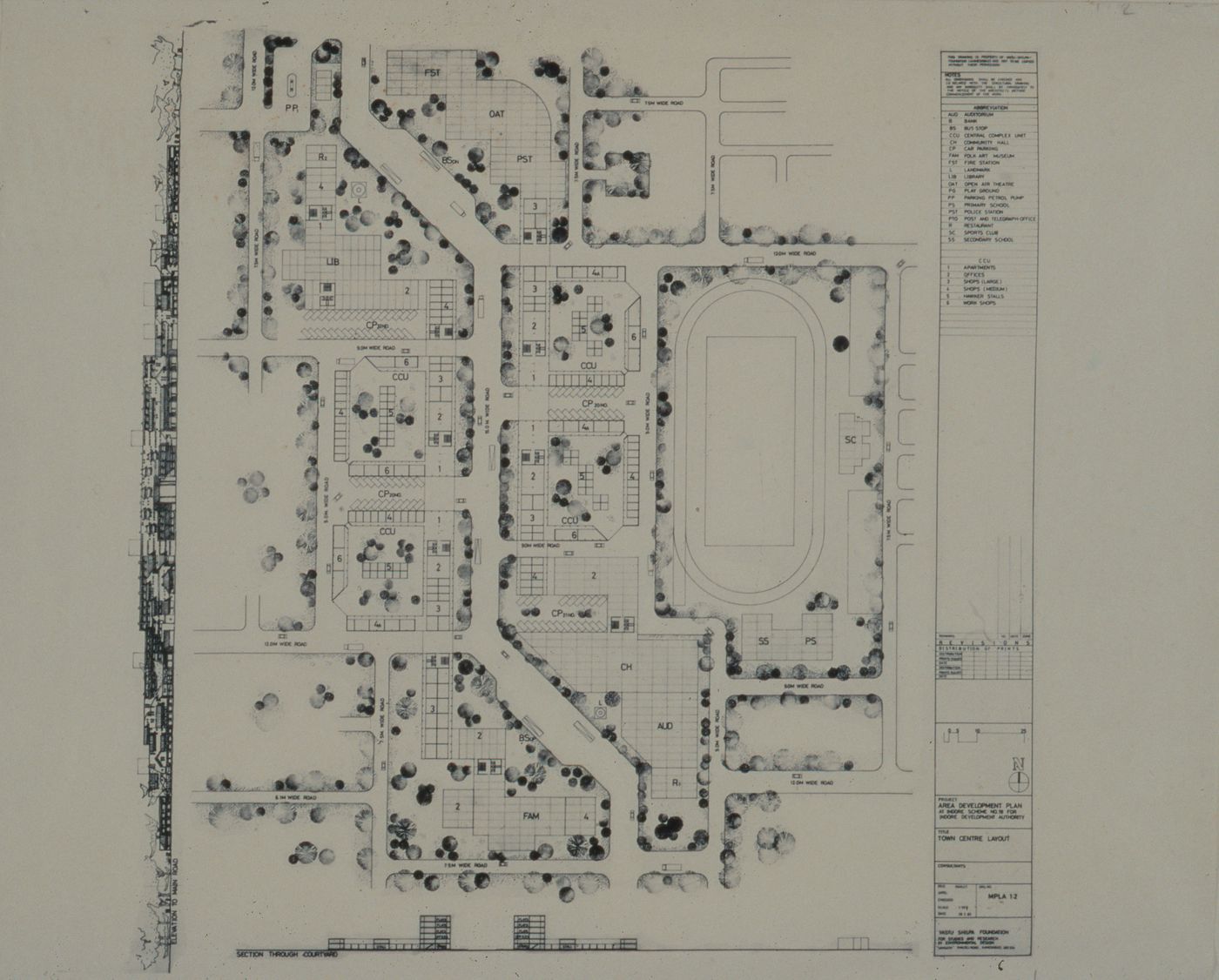 Town centre layout and elevations for area development of Indore scheme by Vastu-Shilpa Foundation