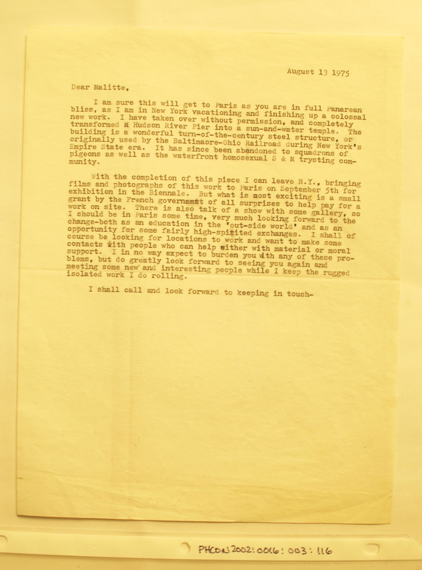 Letter from Gordon Matta-Clark to Malitte Matta