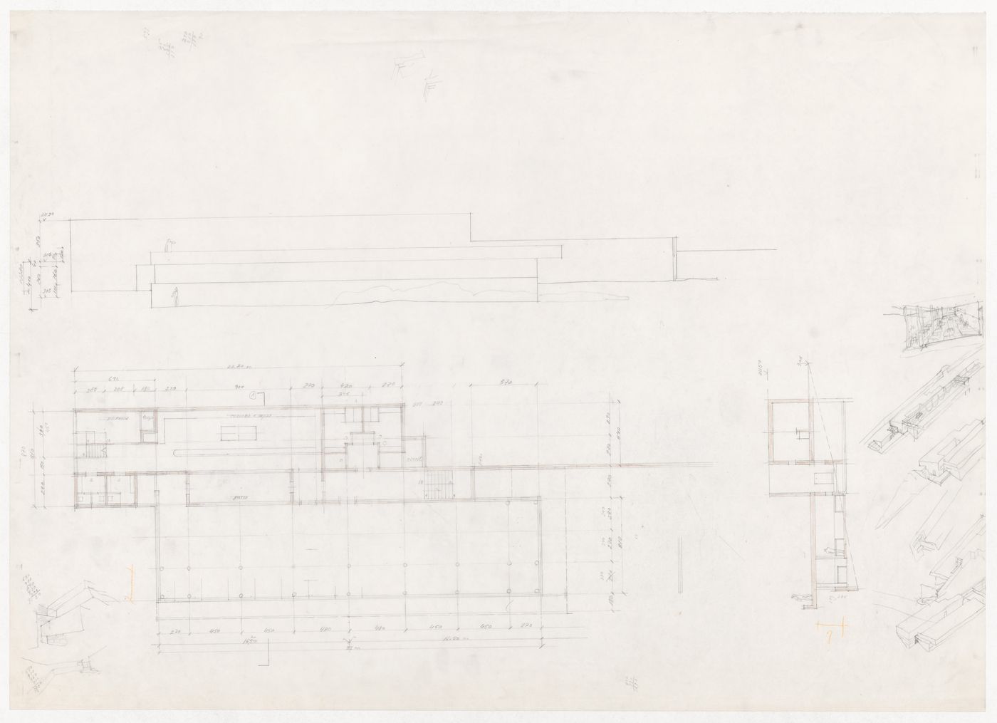Plan, and sketch elevation and axonometric views for Restaurante de Santo Domingo de Bonaval, Santiago de Compostela, Spain