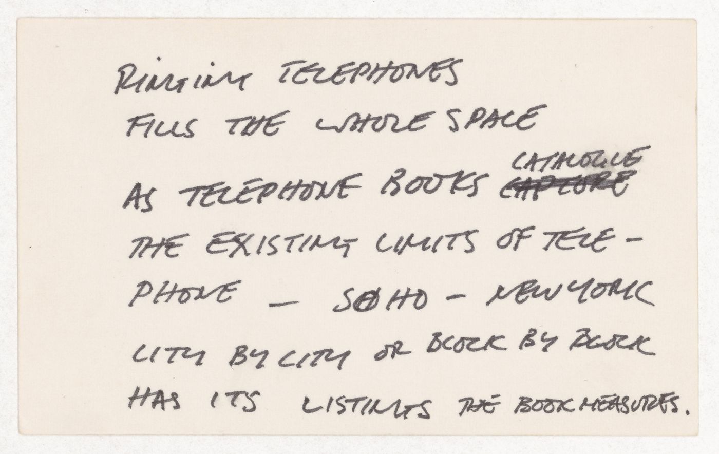 Ringing telephones fills the whole space as telephone books catalogue the existing limits of telephone - Soho - New York city by city or block by block has its listings the bokk measures