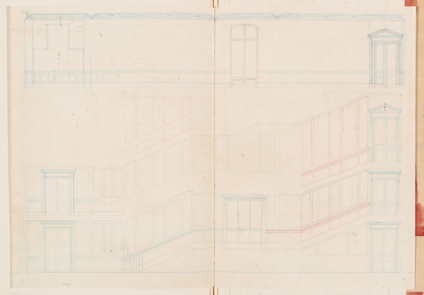 Preparatory drawing for the laid-out elevation for the grand staircase, Hôtel Soltykoff