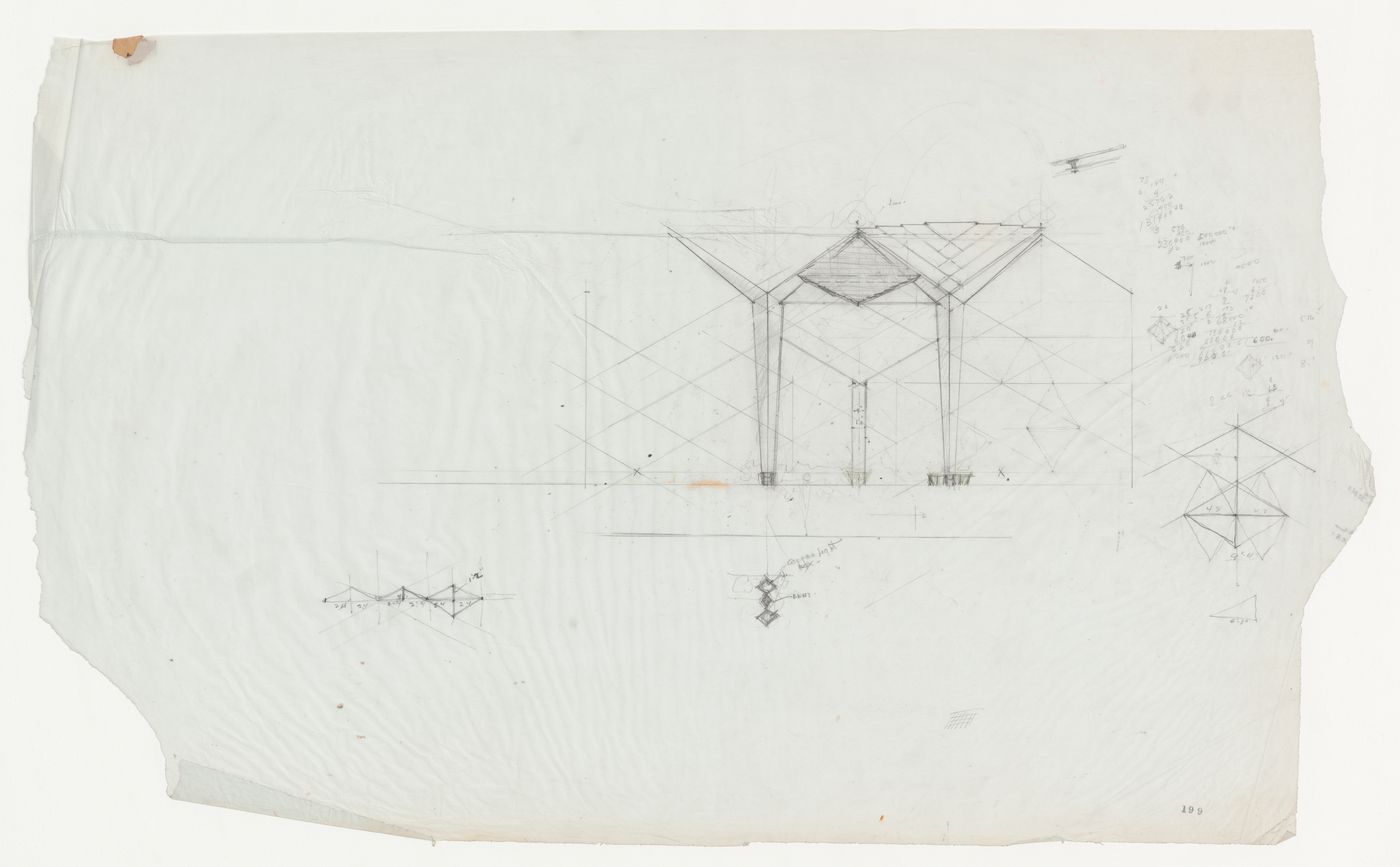 Wayfarers' Chapel, Palos Verdes, California: Partial elevation for the chapel and sketches for chapel details, including light box