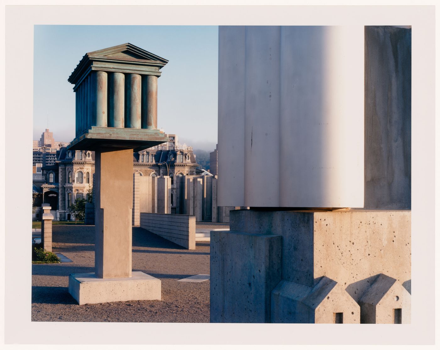 CCA Garden: View of the temple-silo allegorical column with the Shaughnessy House in the background, Montréal, Québec, Canada