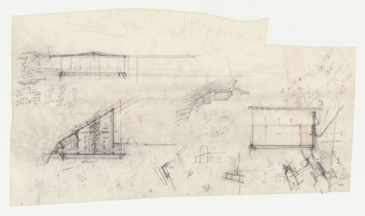 Wayfarers' Chapel, Palos Verdes, California: Sketches, thumbnail sketches and calculations for the parish house