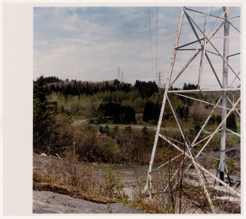 Section 1 of 4 of Panorama of the Shipshaw hydro-electric site, looking northeast, showing pylon, dam, power station, and Saguenay River