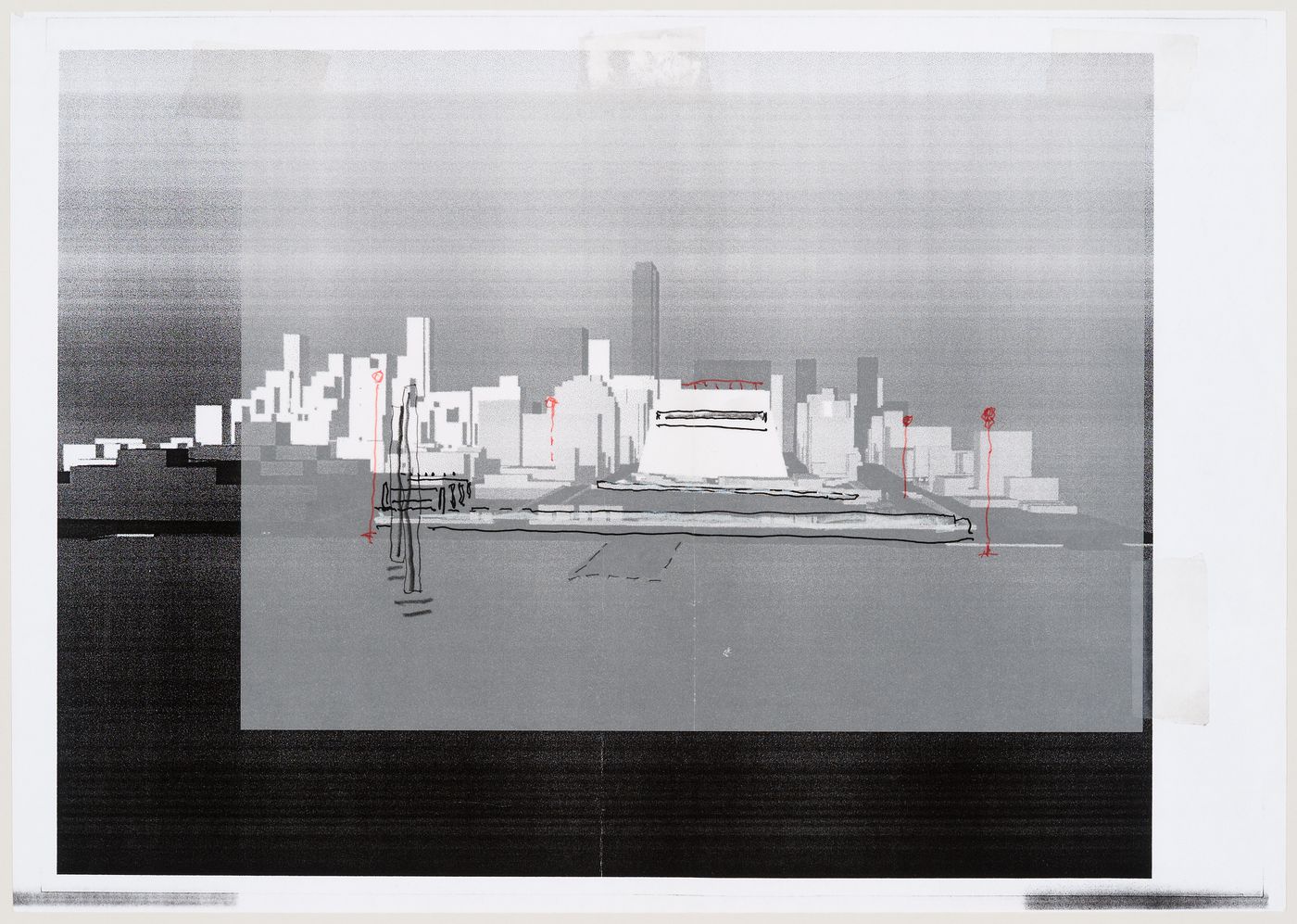 Project of Cedric Price Architects for the IFCCA Prize for the Design of Cities competition: perspective view looking east from the Hudson River (document from the IFPRI project records)