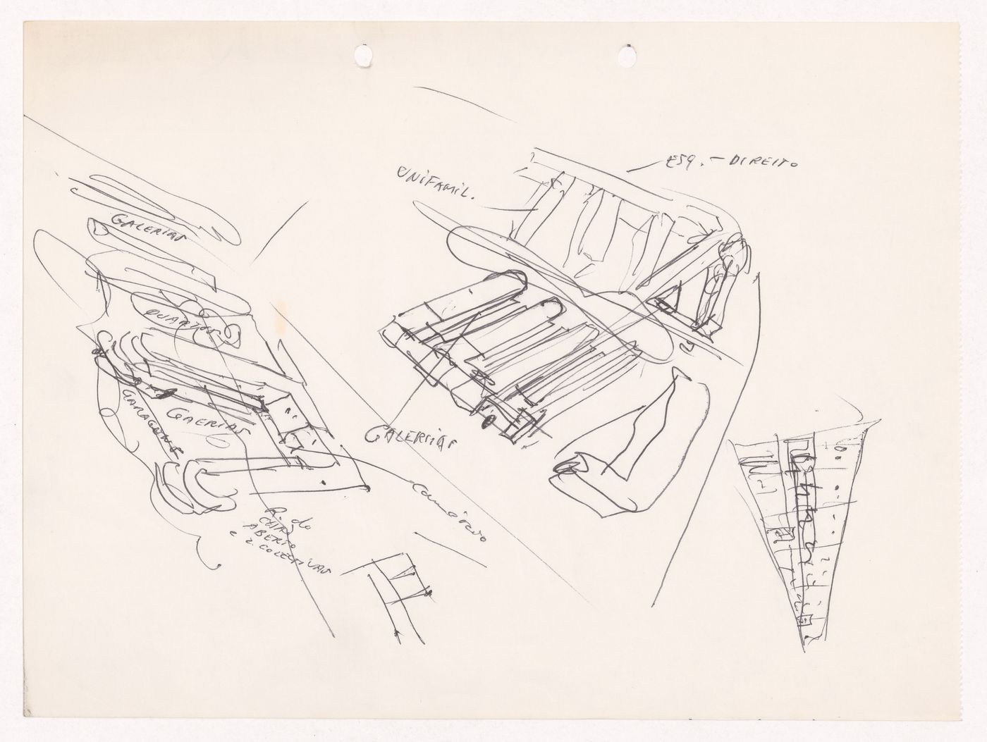 Sketch axonometric views and plan with annotations for Loteamento Bárbara de Sousa, Ovar, Portugal