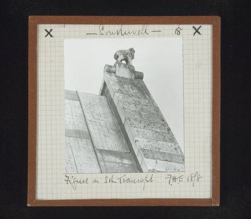 Exterior detail view of sculpture on south transept of Southwell Minster, Southwell, Nottinghamshire, England