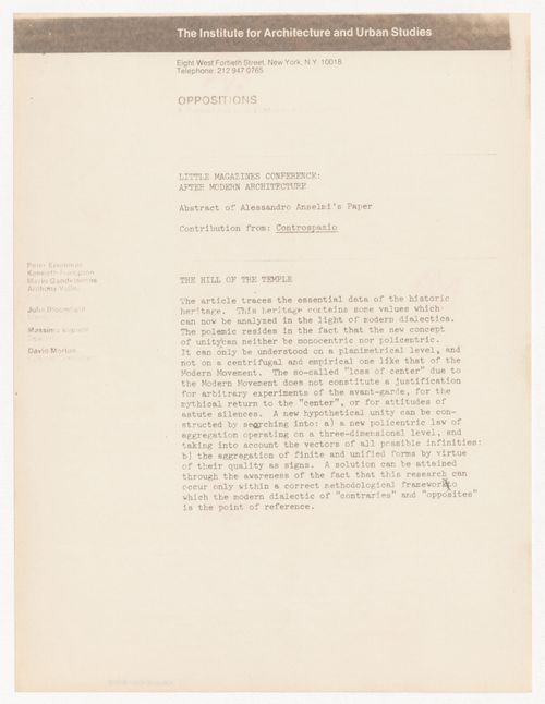Abstract of Alessandro Anselmi's paper for Little Magazines Conference "After Modern Architecture"
