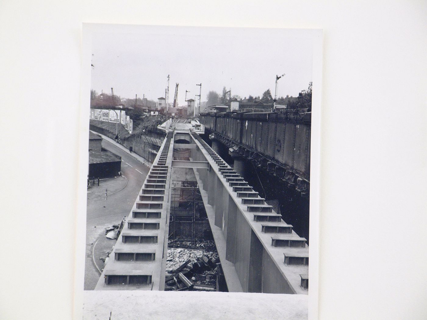 View of the railway decking using forklift truck, Bushey Bridge, England
