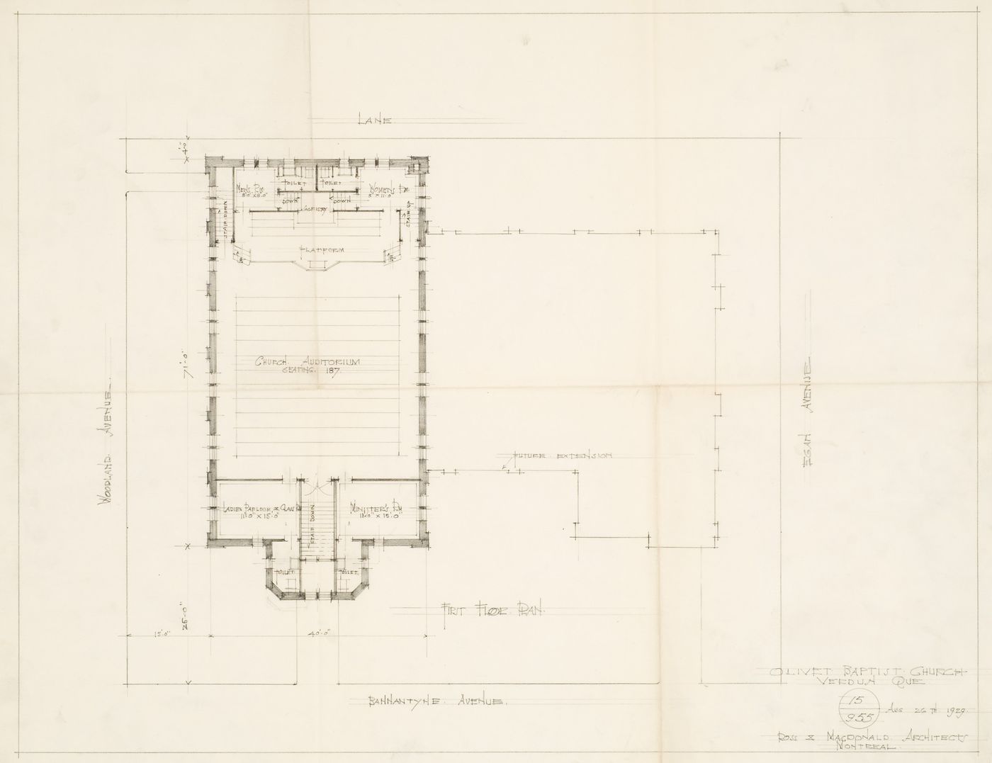 Olivet Baptist Church, Verdun (now Montréal), Québec : plan du rez-de-chaussée