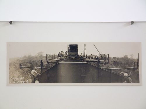 Panoramic view of Victoria Falls Bridge under construction from bridge platform, Zambezi River, crossing the border between Victoria Falls, Zimbabwe and Livingstone, Zambia