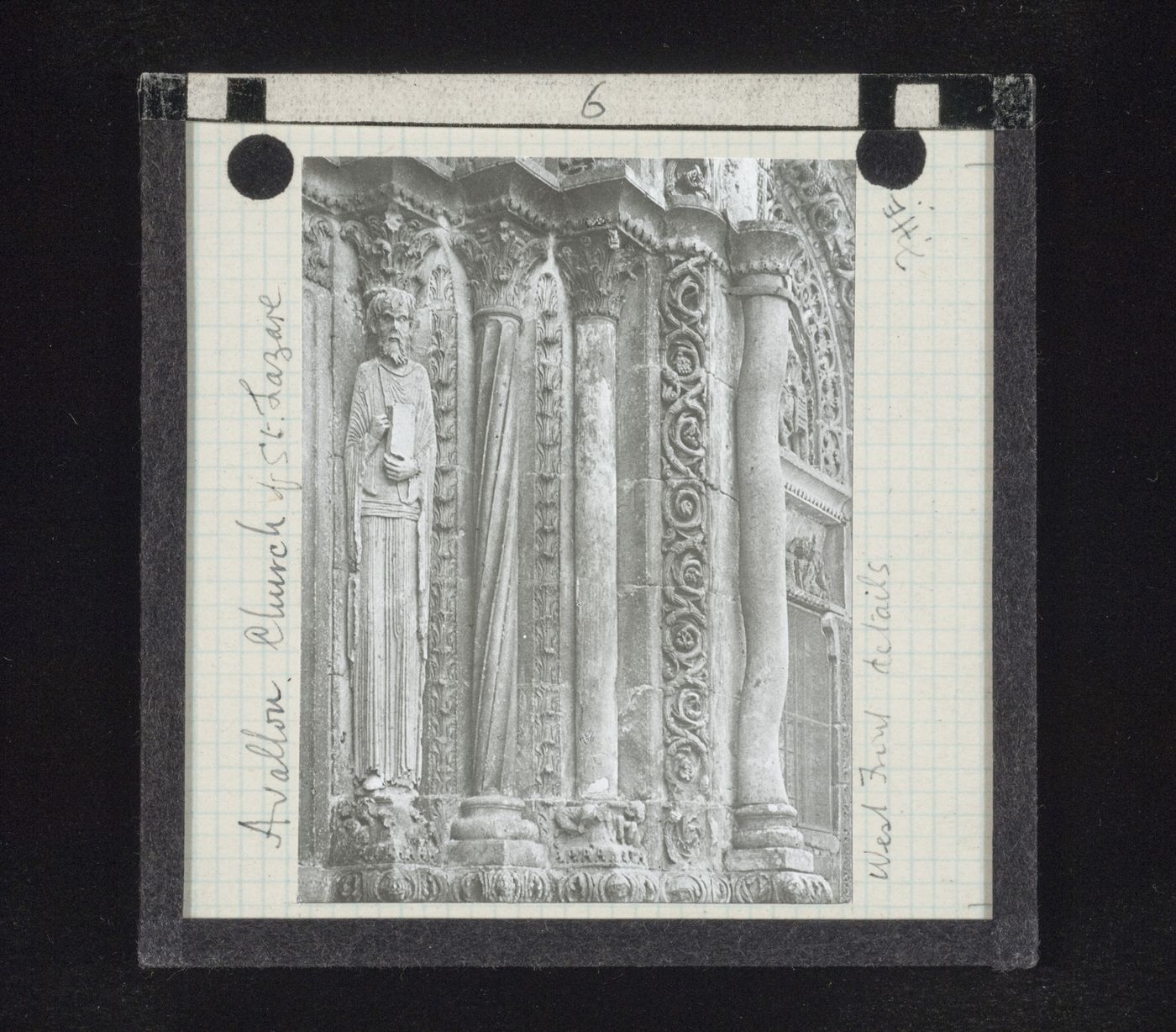 Detail view of sculpture of west façade of Saint-Lazare, Avallon, France