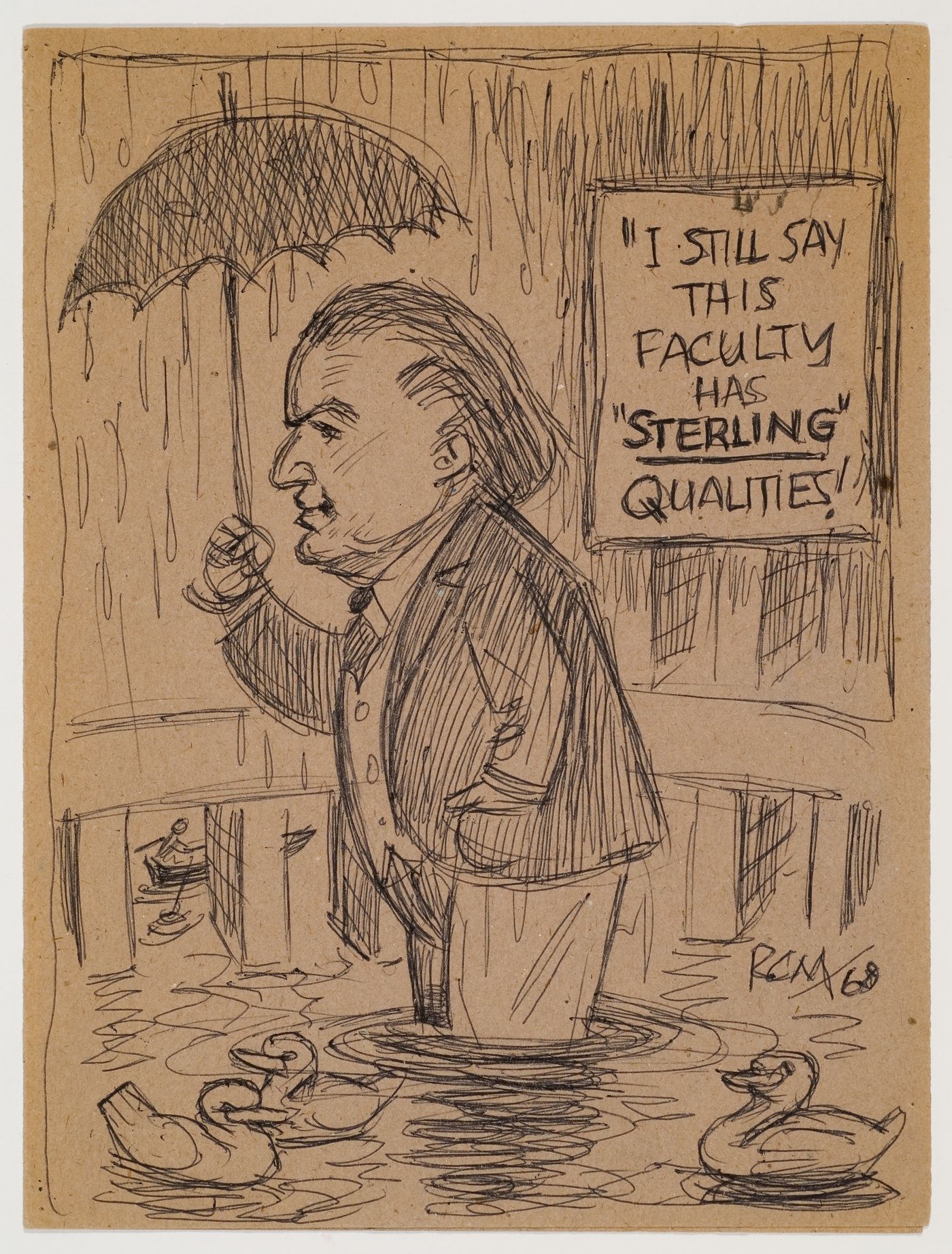 Caricature of James Stirling with an umbrella in the History Faculty Building, University of Cambridge
