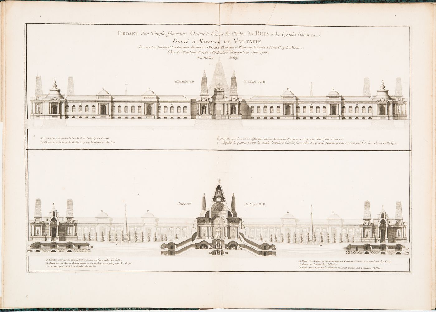 Design by Louis Jean Desprez for a funerary temple in honour of "les cendres des rois et les grands hommes": Elevation and sectional elevation