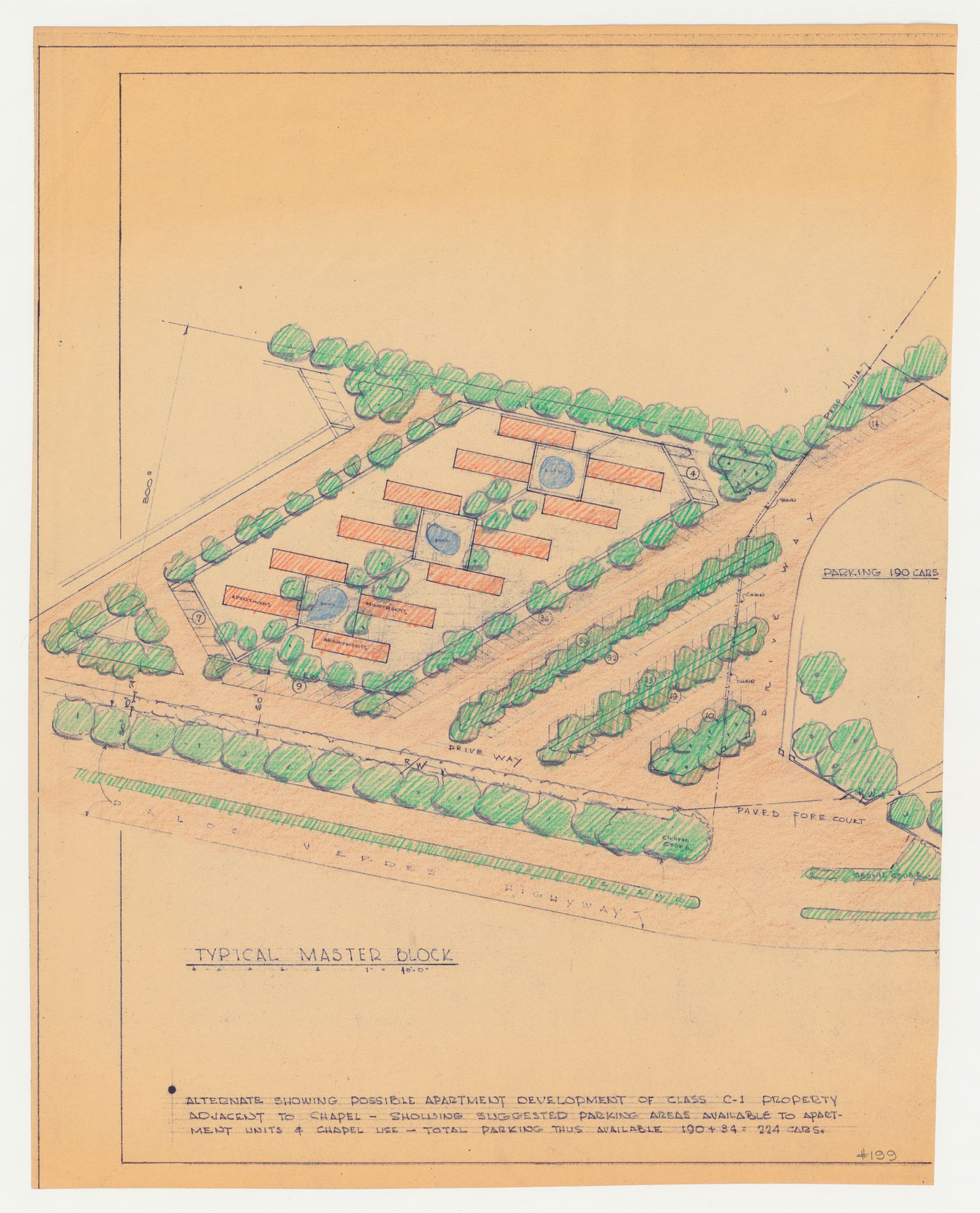 Wayfarers' Chapel, Palos Verdes, California: Site plan for apartment development on adjacent lot