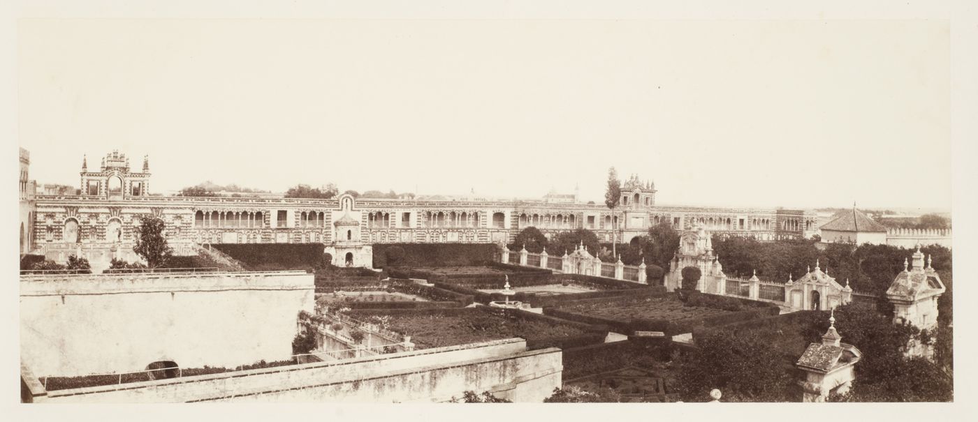 Panorama of the gardens of the Royal Alcazar, Seville, Spain