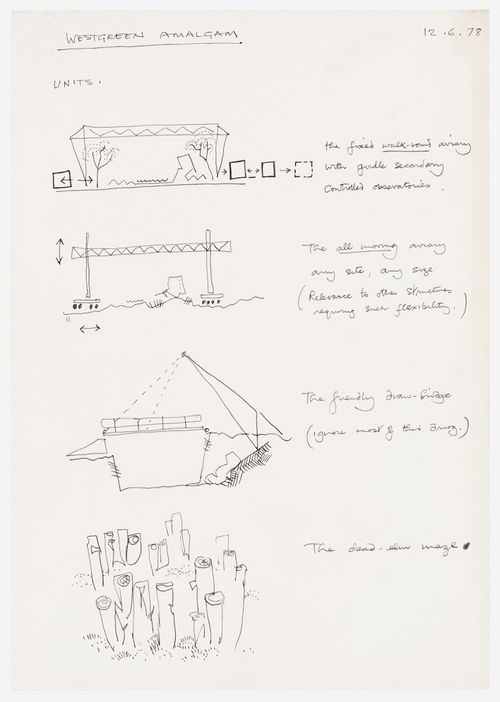 Westgreen Amalgam: sketches and notes for units: fixed and mobile aviaries, the "friendly draw bridge" and the "dead elm maze"