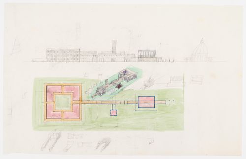 Competition for the town hall, Scandicci, Italy: Plan, sketch for general elevation, elevation, and perspective