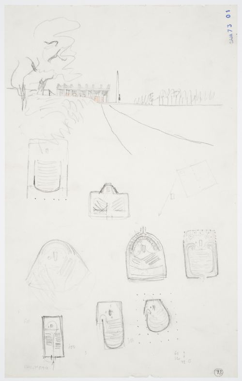 Sketch plans and exterior sketch perspective for Monument Hall, the Chapel of the Holy Cross and the Way of the Cross Walkway showing an obelisk, Woodland Crematorium, Woodland Cemetery, Stockholm, Sweden