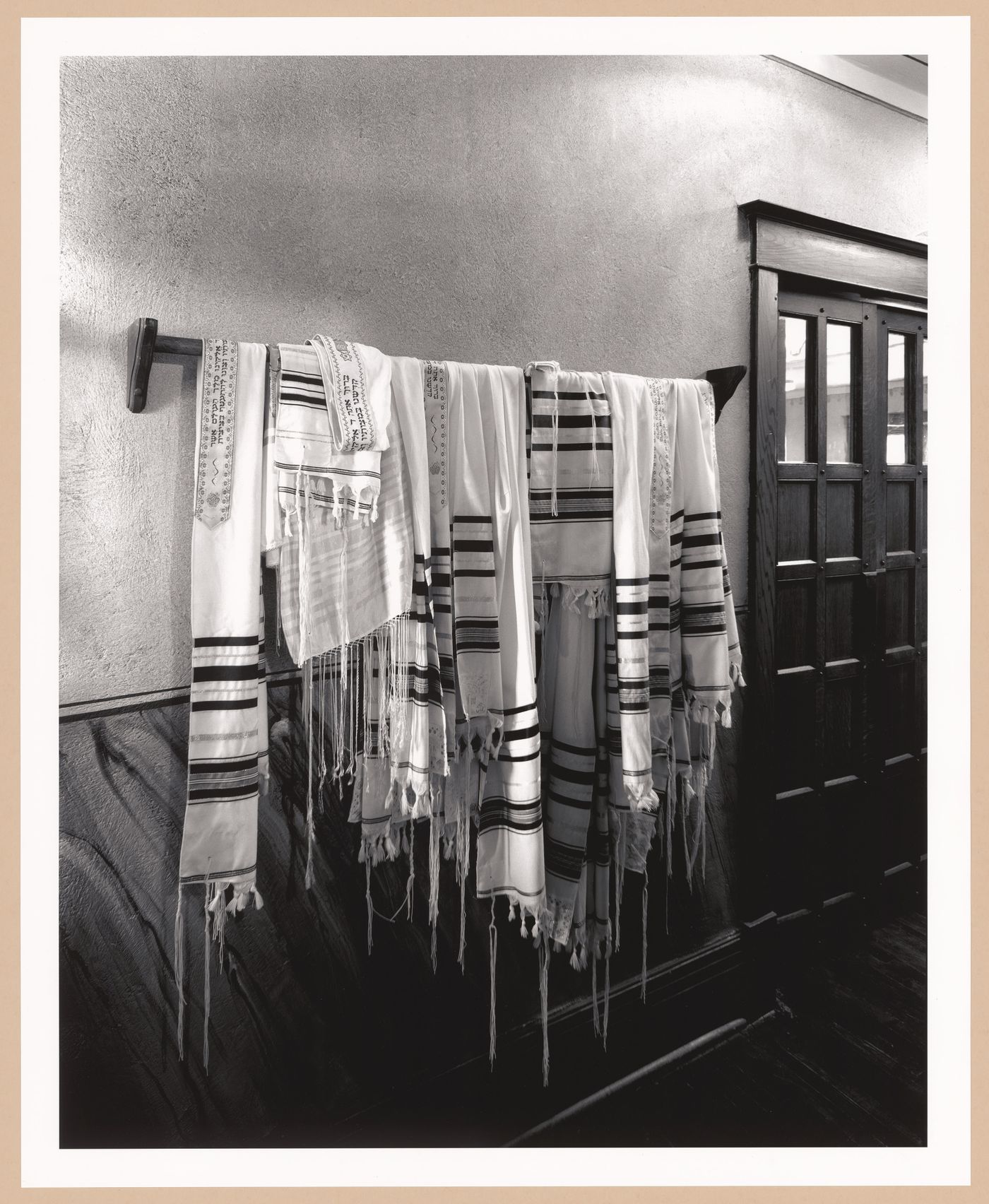 Instruments of Faith: View of Prayer shawls in the foyer, Knesseth Israel Synagogue, Toronto