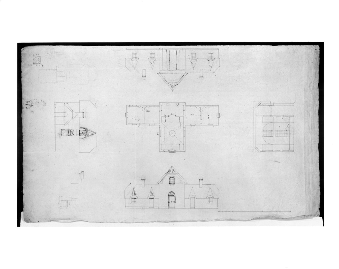 Design for Wimpole Hall, Cambridgeshire: Measured plan, elevations and section for a rustic dairy, with slight sketches for rooflines and a facade of a country house