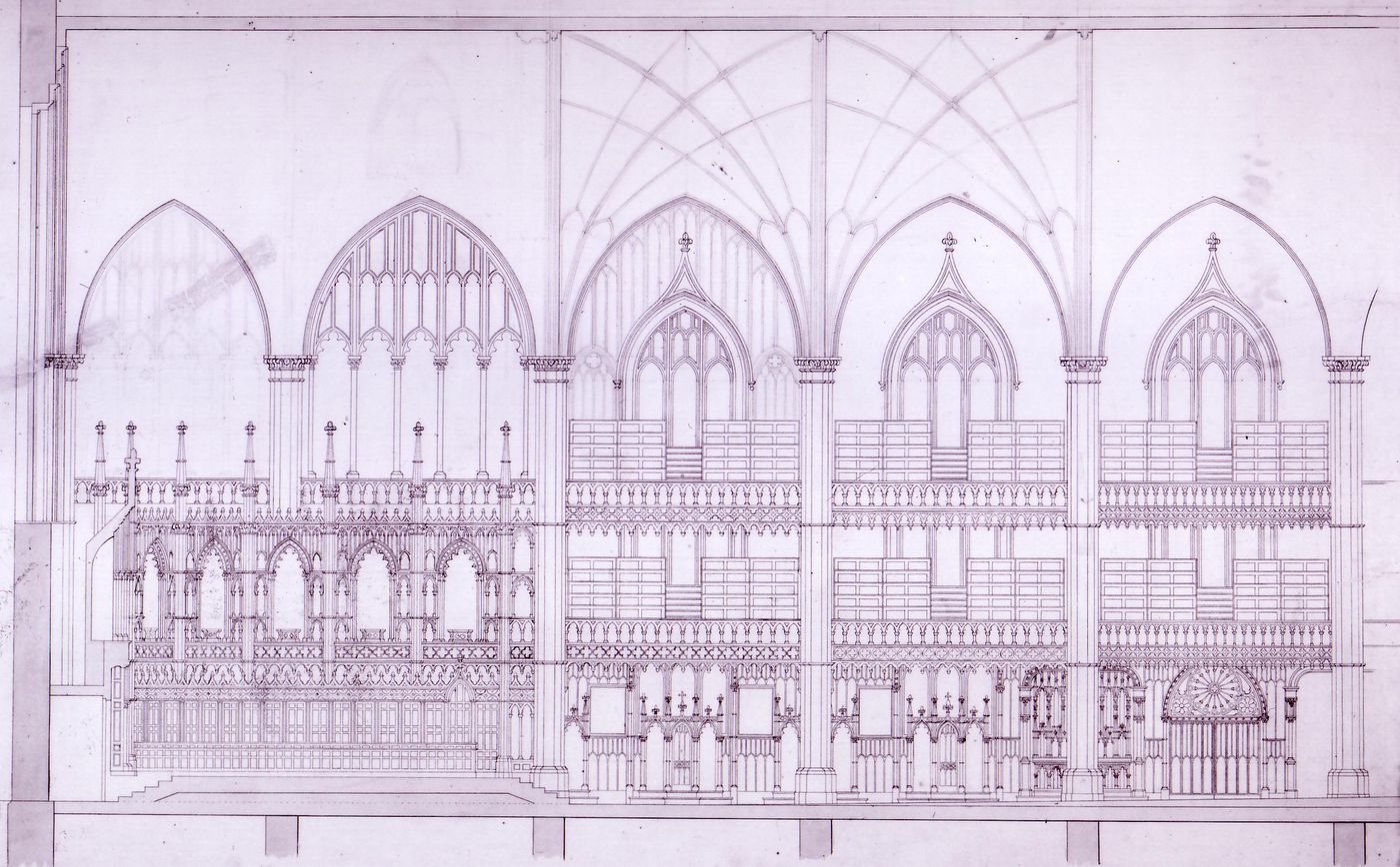 Longitudinal section for the interior design by Bourgeau et Leprohon for Notre-Dame de Montréal